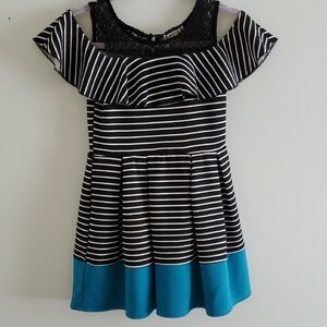 Knitworks Black and White Striped Dress with Blue Hem